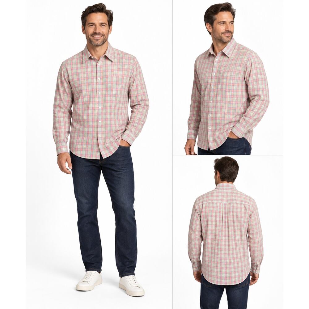 Van Heusen Shirt Mens L 16-16.5 Pink Pastel Plaid Cotton Long Sleeve Button Up